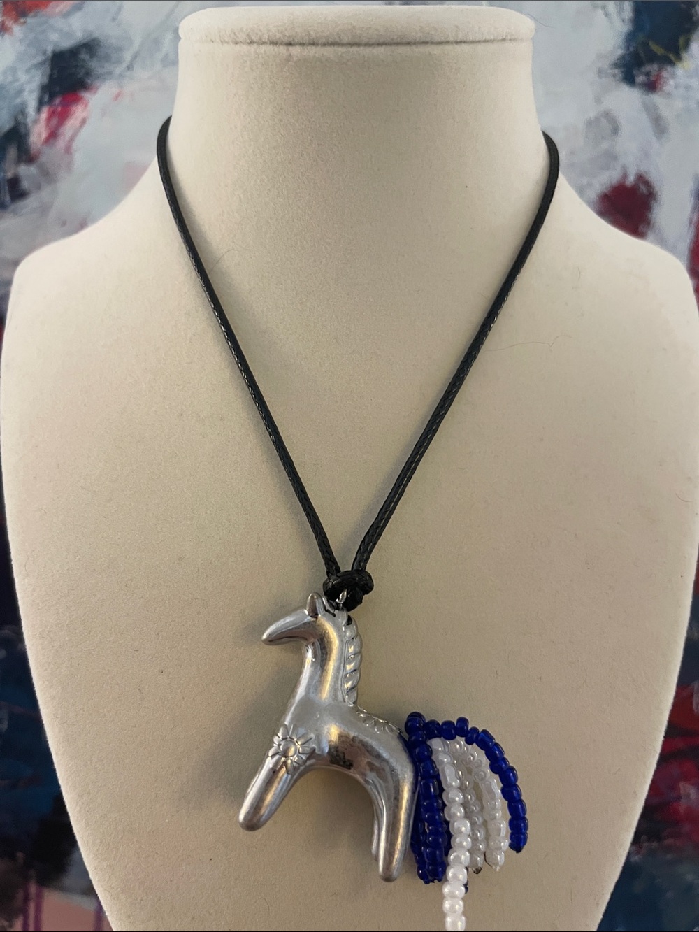 Silver Horse Pendant Necklace with Blue and White Beaded Mane